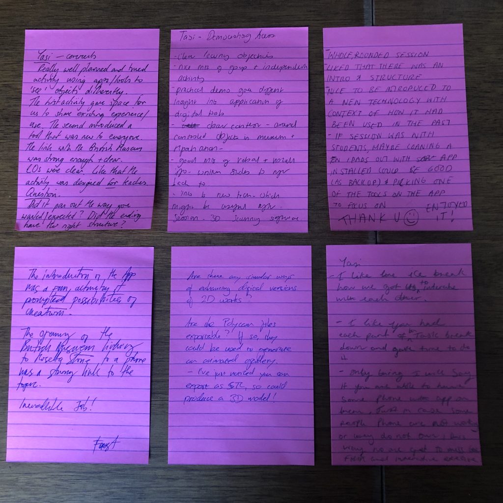 Written feedback from the group, on bright pink post it notes 